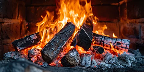 Rolgordijnen Burning fireplace. Burning firewood in the fire © shobakhul