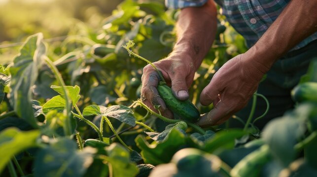 The photo captures a close-up view of a farmer's hands as they carefully pick ripe cucumbers amongst the verdant leaves of the crop. The warm sunlight filters through the foliage, accentuating the fre