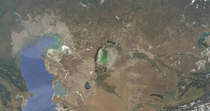 Zooming satellite image of the Aral Sea at present. View from orbit of the drying Aral Sea. 3D animation. Image elements courtesy of NASA
