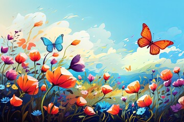Fototapeta na wymiar Watercolor meadow flowers illustration background and wildflowers field with butterflies