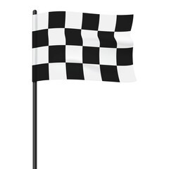 Checkered flag waving on a black flagpole, vector illustration isolated on a white background.