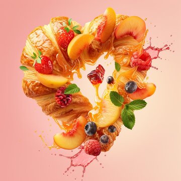 The image features a creatively composed heart shape, meticulously crafted out of croissant pieces that seem to burst apart. Interspersed among the flaky, golden pastry fragments are vibrant, fresh fr