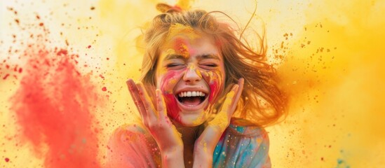 The image captures a vibrant moment where a young woman with blonde hair is immersed in a cloud of red and yellow Holi powder. She appears exuberant, laughing with her eyes closed and hands playfully  - obrazy, fototapety, plakaty