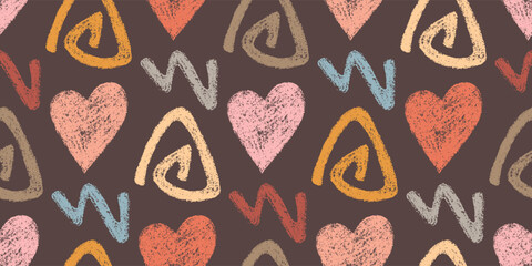 Textural Abstract Seamless Pattern of Hand-Drawn Hearts and Scribbles. Style of Children's Drawing.