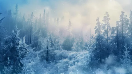 Papier Peint photo Bleu Jeans Watercolor foggy forest landscape illustration. Wild nature in wintertime.