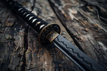 Foto auf Acrylglas Antireflex Samurai katana on wooden underground closeup. © Lars