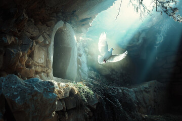 White Dove Flying from Stone Tomb in Light Rays. Resurrection of Jesus Christ Concept