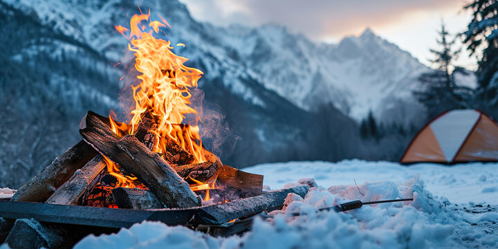 camping fireplace with burning firewood in mountain