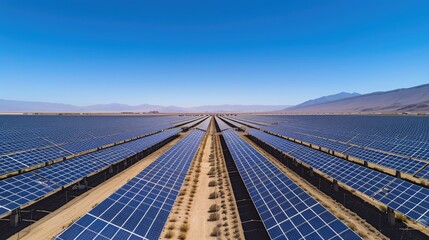 A vast solar panel farm stretches across a desert landscape, harnessing the power of the sun for renewable energy. AIG41