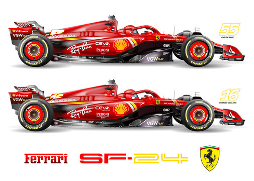 Maranello, Modena, Italy, february 2024, Ferrari SF-24 formula 1, Charles Leclerc number 16 and Carlos Sainz number 55, 2024 F1 world championship, illustration