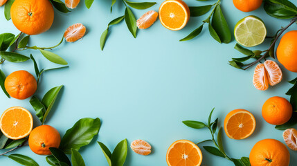 Frame with decorative summer fruit composition, whole and sliced tangerines or oranges, citrus fruit, and leaves on a light blue background,  with an empty space for text.