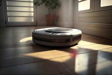 Robotic vacuum cleaner on laminate wood floor smart cleaning technology- Illustration. Generative AI