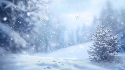 Winter Wonderland with Snowy Christmas Tree in a Serene Snowscape