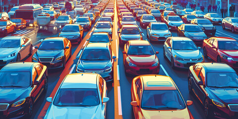 Car rush hours city street. Cars on highway - obrazy, fototapety, plakaty