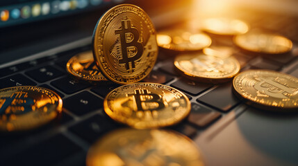 Golden Bitcoin coins on a laptop keyboard, depicting online cryptocurrency investment, digital finance, and blockchain technology applications. High quality illustration
