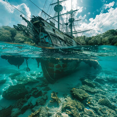 Underwater Wonders: Sunken Pirate Ship Amidst Coral Reefs