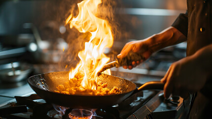 Chef hands keep wok with fire. Closeup chef hand - obrazy, fototapety, plakaty