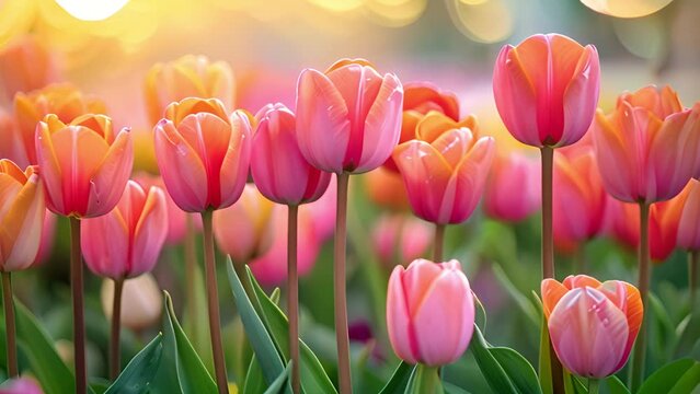 Spring tulips blossoming in a field. Tulip flowers blooming in the garden. Easter flowers with sunlight 4k video. Beautiful nature sparkles
