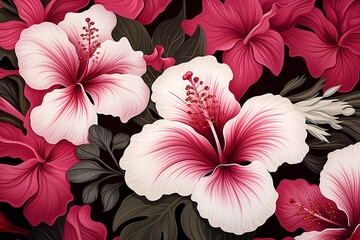 Seamless pattern of hibiscus flowers and lily flowers background - obrazy, fototapety, plakaty