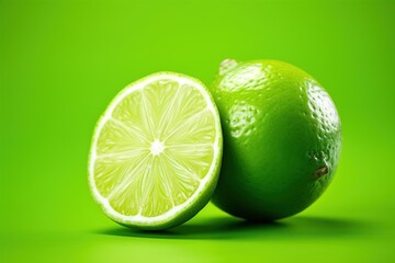 Fresh lime slices, Delicious citrus fruit, Bio organic food, Lime juice splash, Vibrant green color, health, vitamines, energy, drinks, generative AI, JPG