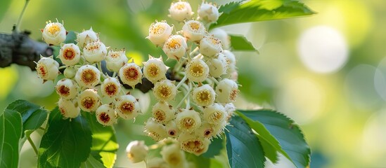 A cluster of flowers is blooming abundantly on a Hawthorn tree, showcasing vibrant colors against the green foliage. The flowers are bunched together in a profusion of blooms, creating a stunning