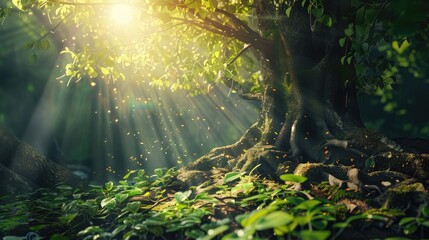 big tree roots and sunbeam in a green forest