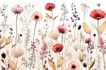 Watercolor meadow flowers illustration and wildflowers, spring botanical floral seamless pattern background
