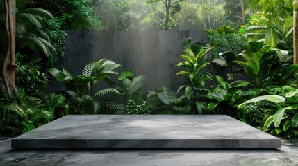 Concrete podium in tropical forest for product presentation and green wall
