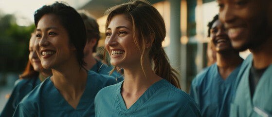 Group of cheerful medical professionals enjoying a sunny day together outdoors.