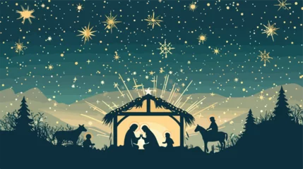 Meubelstickers Happy merry christmas manger scene with holy family © iclute3