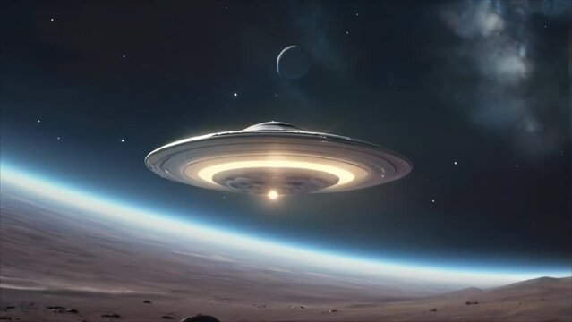 Video, open space, a flying saucer with a UFO flies in space. AI generative.