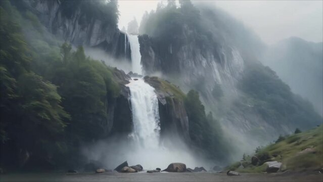 Video, beautiful waterfalls in the forest, fog. AI generative.