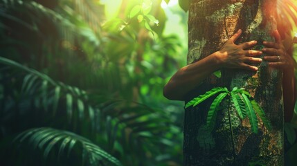 Nature lover hugging trunk tree with green musk in tropical woods forest. Green natural background. Concept of people love nature and protect - obrazy, fototapety, plakaty