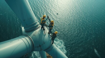 A team is constructing a wind turbine in the ocean, blending water, wind, and adventure to generate...