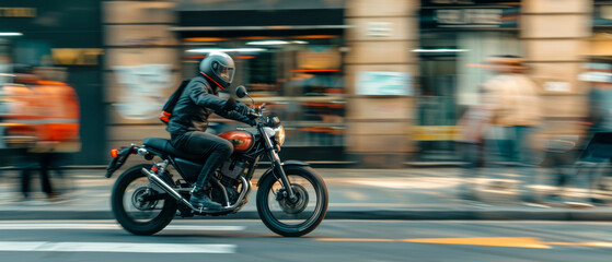 A blurred motion of a motorcyclist riding through a busy city street.