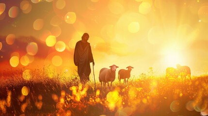 Shepherd Jesus Christ leading the sheep and praying to God and in the field bright sun light and...