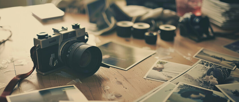 Vintage camera surrounded by scattered photos and memories on a wooden desk.