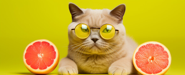 Summer holiday serenity: A fluffy cat in trendy sunglasses lies among lemons, portraying the ideal summer vibe in a single frame.