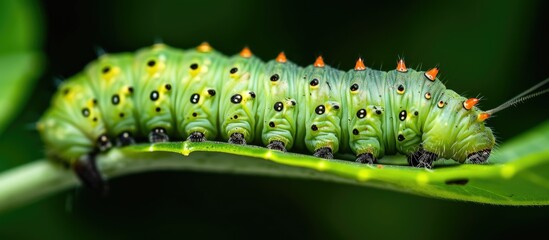 A close-up view of a green caterpillar crawling on a green leaf. The caterpillar belongs to the Cabbage White butterfly species, a prevalent garden pest.