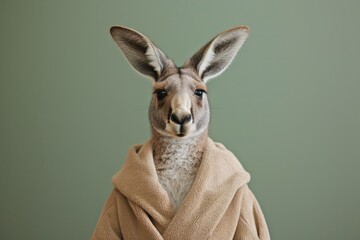 Kangaroo in a robe. Holidays in Australia. Symbol of Australia. Animal. green pastel background