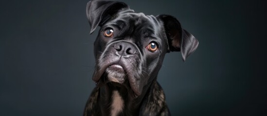 A comical dog poses for a studio portrait, showcasing its funny expressions and personality in black and white.
