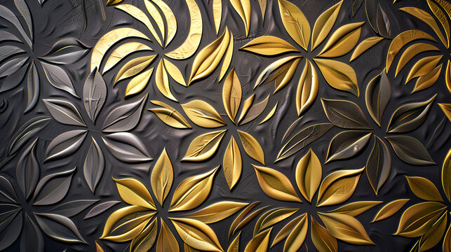 a black background with gold flowers and leaves on it