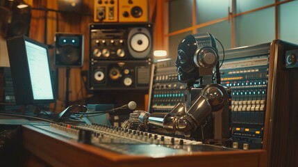 Chrome robot fine-tuning music equipment in a studio setting