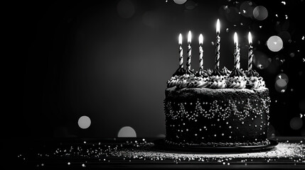 Birthday cake with candles. Black and white with particles. With area for text to the left.