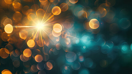 abstract bokeh background with lens flares particles and light ray, Yellow and blue light from the left.