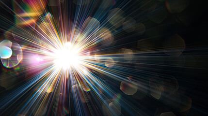 abstract bokeh background with lens flares particles and light rays. Light from left, area for text to right . 