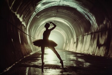 Ballet dancer poses gracefully in a dramatic tunnel silhouette