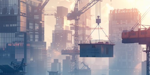 Towering Cranes and Emerging Skyscrapers Shape the Skyline Amidst a Hazy Sunrise in a Bustling Cityscape, Generative AI