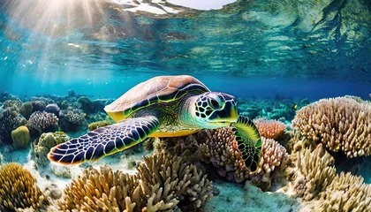 Fototapeten green sea turtle on coral reef in the red sea 3d rendering green sea turtle swimming around colorful coral reef formations in the wild generated © Wayne