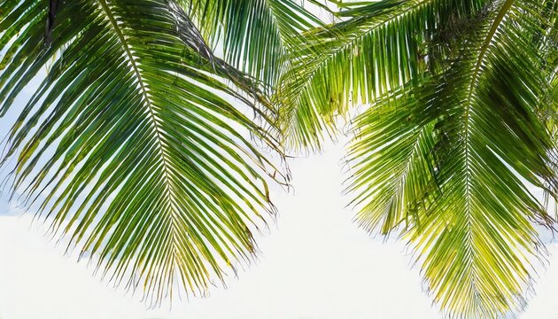 tropical beach coconut palm tree leaves isolated on white background green palm fronds layout for summer and tropical nature concepts